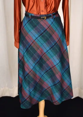 1970s Teal Plaid A-line Skirt