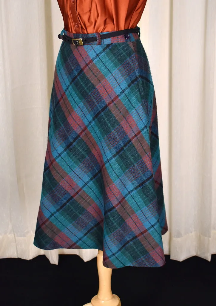 1970s Teal Plaid A-line Skirt