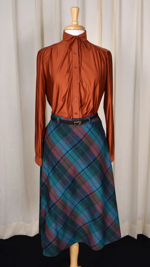 1970s Teal Plaid A-line Skirt