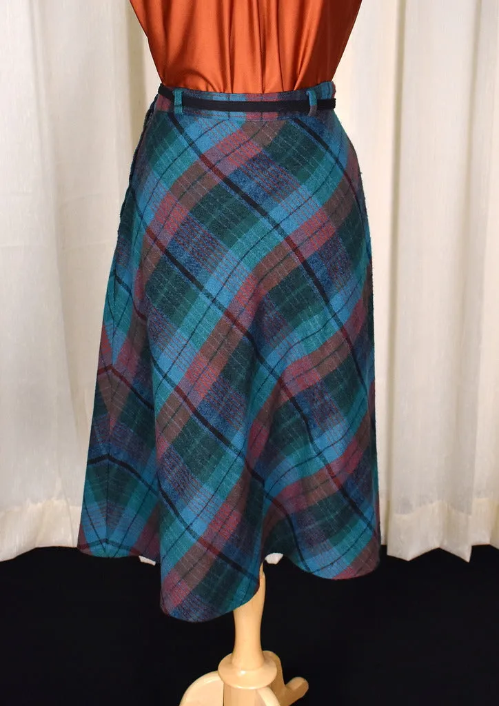 1970s Teal Plaid A-line Skirt