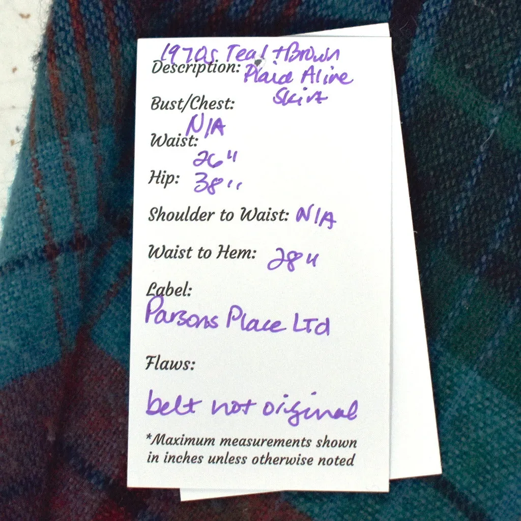 1970s Teal Plaid A-line Skirt