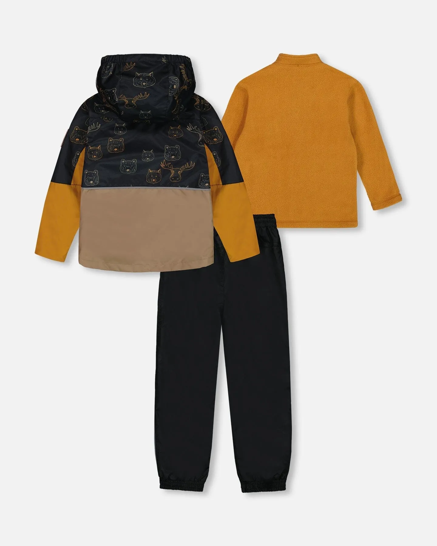 3-In-1 Mid-Season Outerwear Set With Colorblock Jacket Beige Animals On Black Background