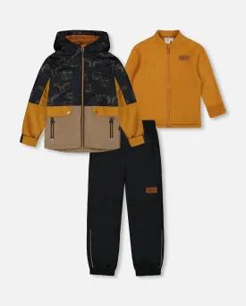 3-In-1 Mid-Season Outerwear Set With Colorblock Jacket Beige Animals On Black Background