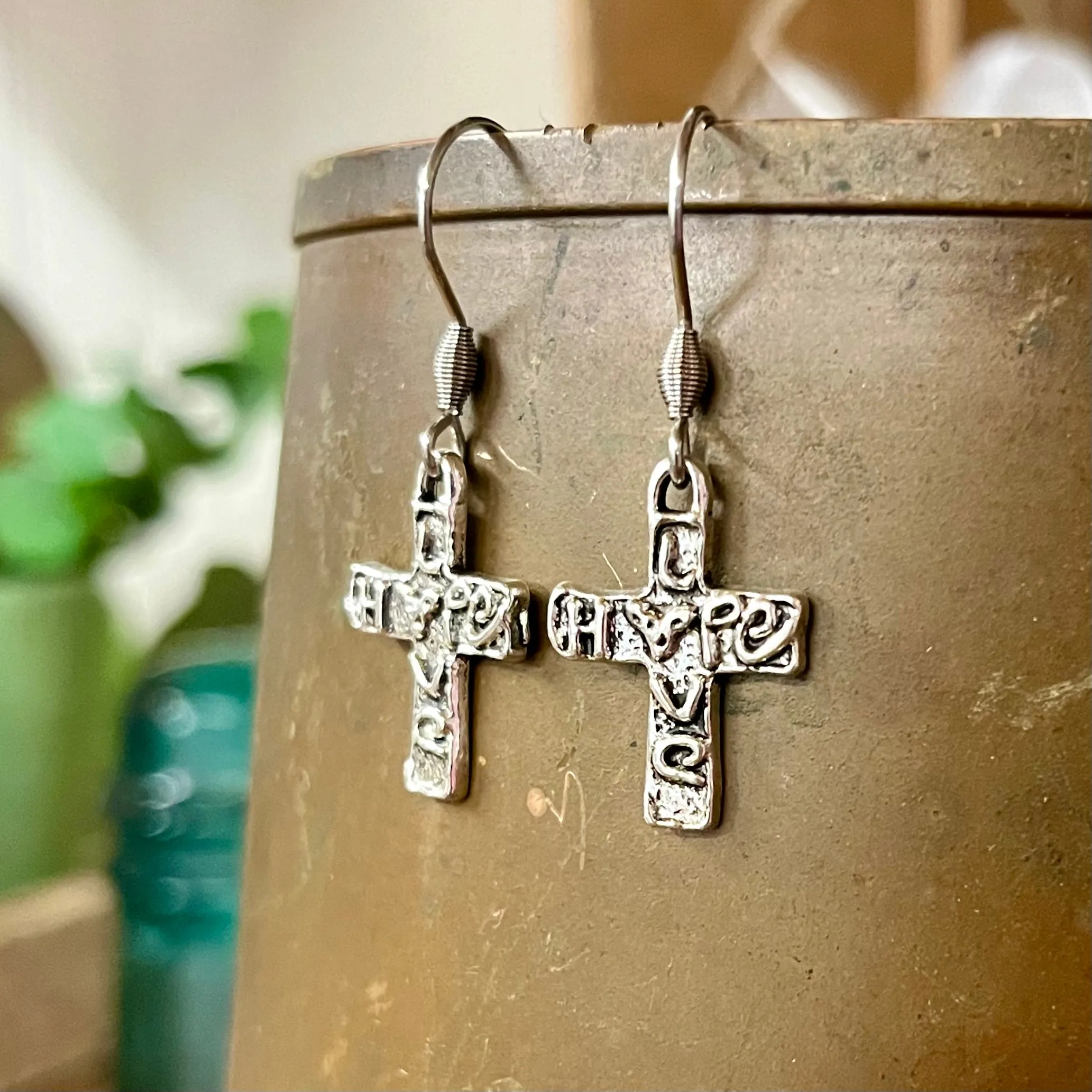 Artisan Silver Cross Earrings, Hope & Love