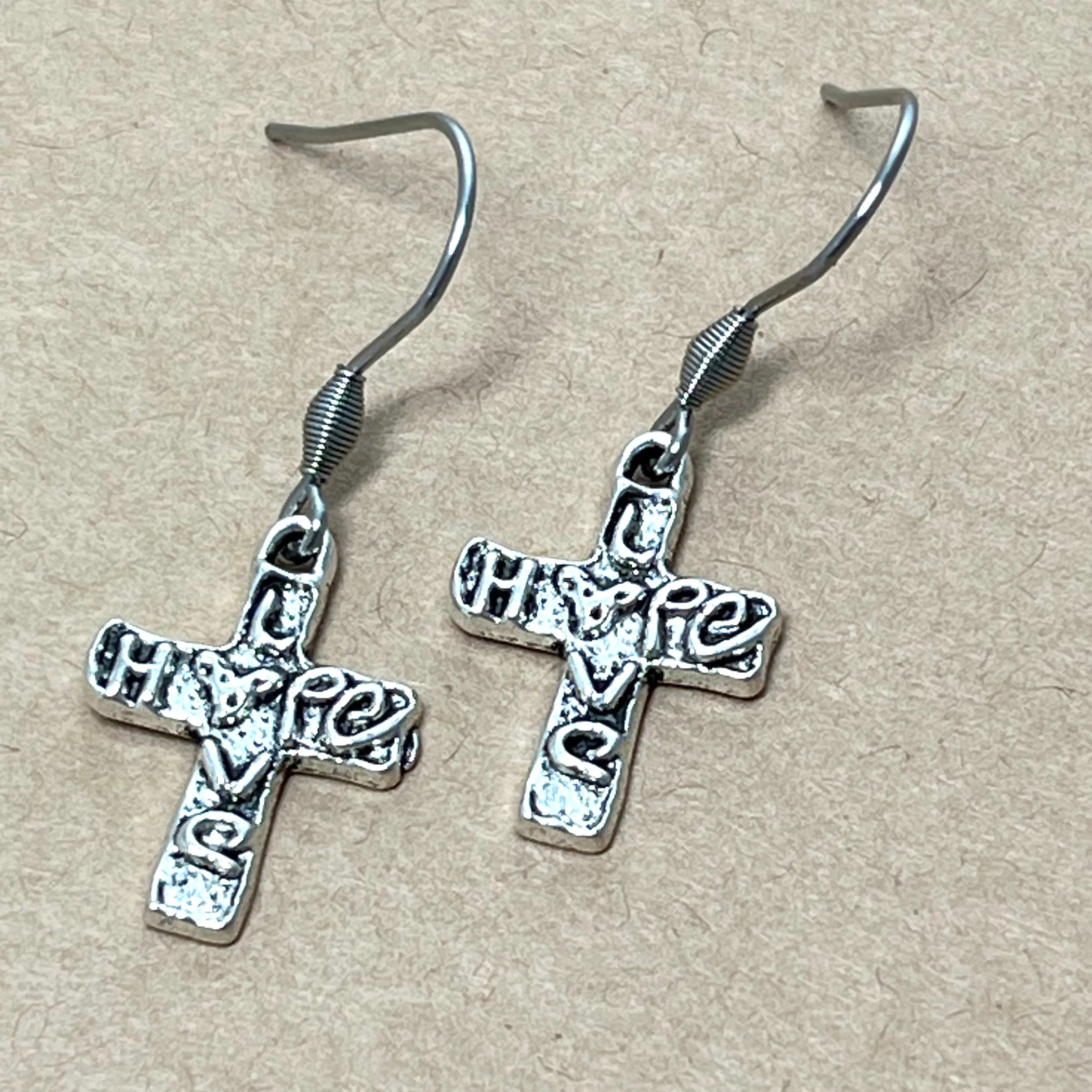 Artisan Silver Cross Earrings, Hope & Love
