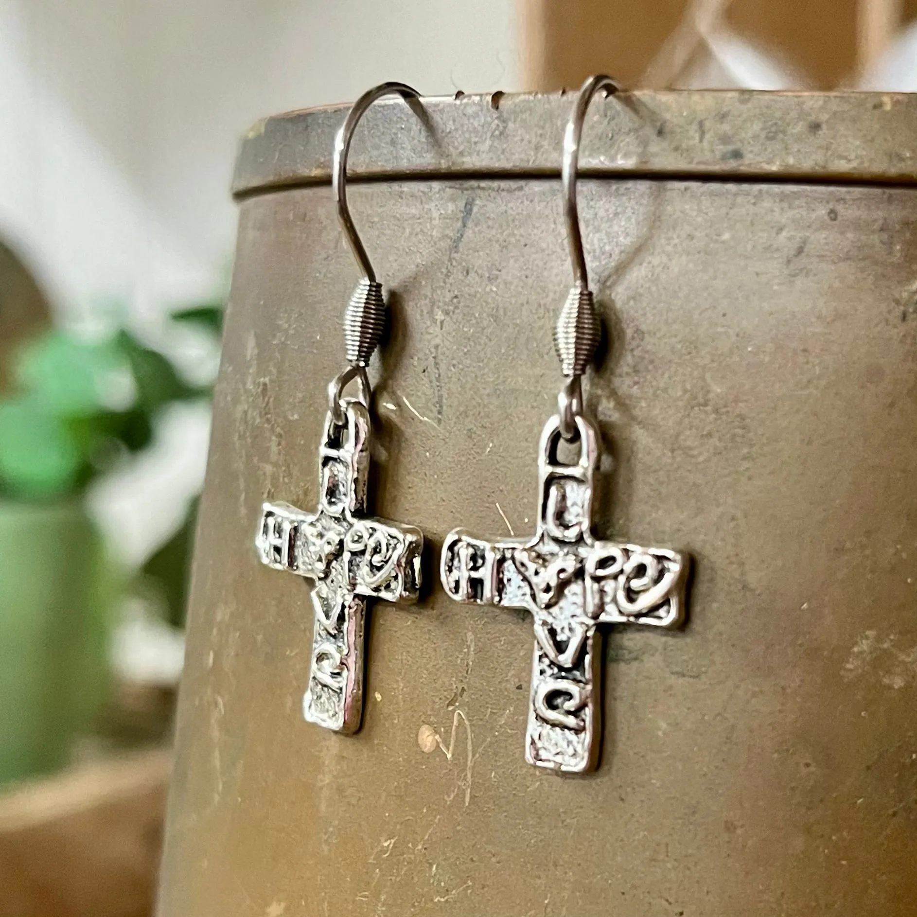 Artisan Silver Cross Earrings, Hope & Love