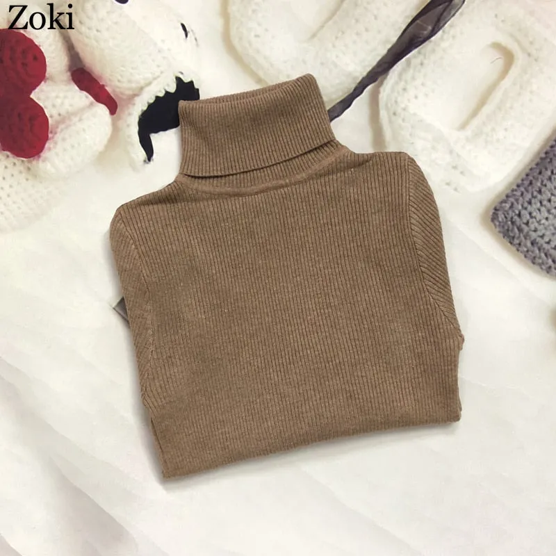 Back to College Joskaa Soft Women Turtleneck Sweater Autumn Long Sleeve Elastic Female Knitted Jumper Casual Pullover Slim Winter Basic Tops 2024