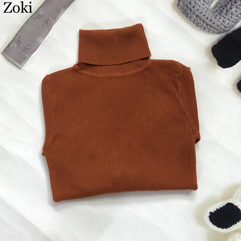 Back to College Joskaa Soft Women Turtleneck Sweater Autumn Long Sleeve Elastic Female Knitted Jumper Casual Pullover Slim Winter Basic Tops 2024