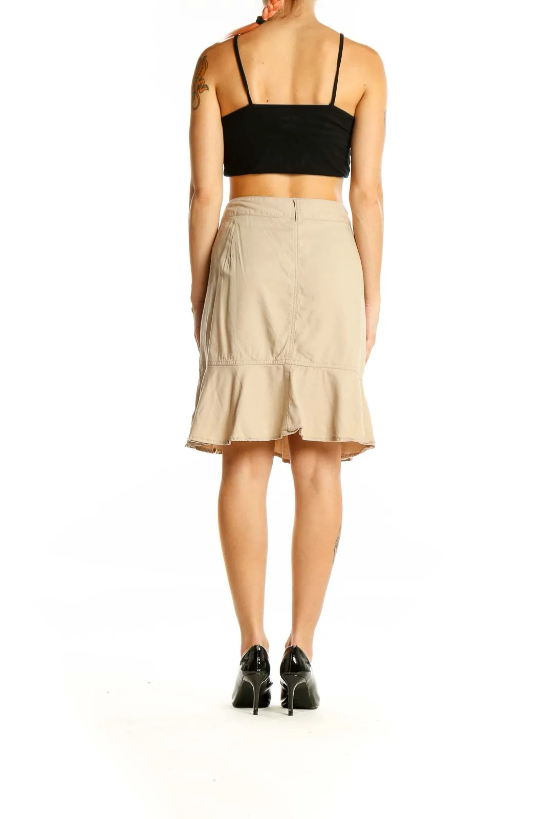 Beige Button-Front Flounce Hem Skirt