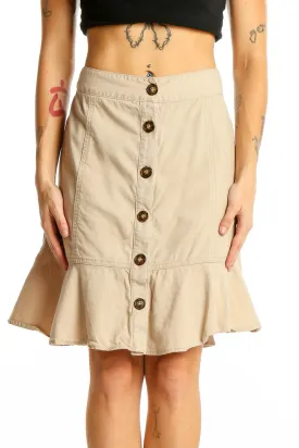 Beige Button-Front Flounce Hem Skirt