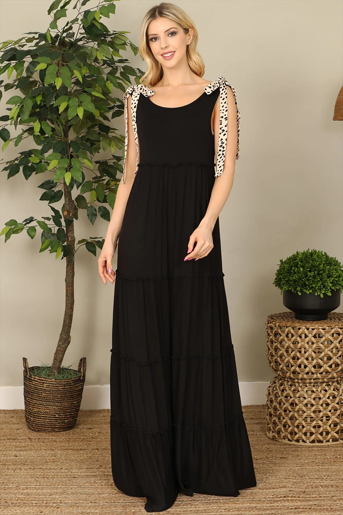 BLACK ANIMAL PRINT TIE STRAP TIERED SOLID MAXI DRESS 2-2-2-2