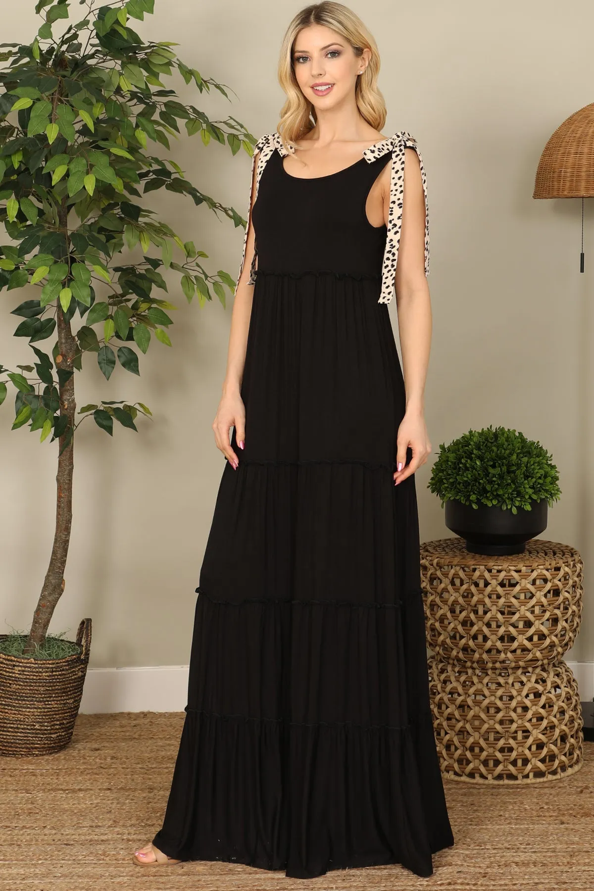 BLACK ANIMAL PRINT TIE STRAP TIERED SOLID MAXI DRESS 2-2-2-2
