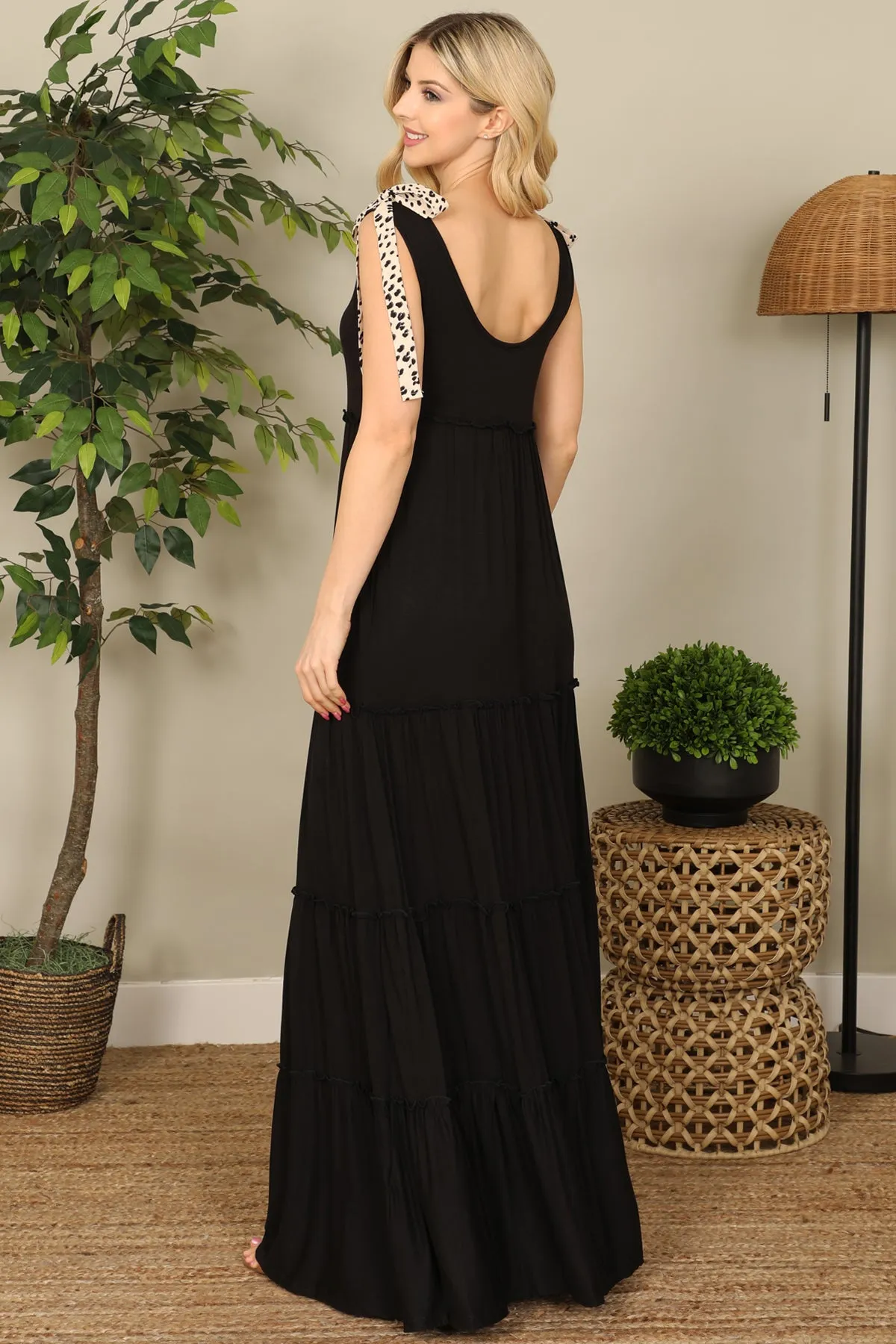 BLACK ANIMAL PRINT TIE STRAP TIERED SOLID MAXI DRESS 2-2-2-2