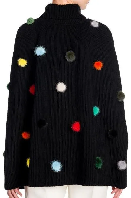 Black Pom-Pom Turtleneck Cape-Sweater