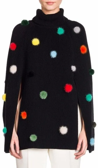 Black Pom-Pom Turtleneck Cape-Sweater