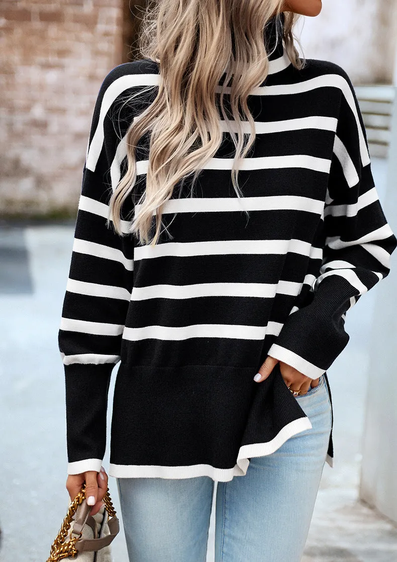 Black Turtleneck Striped Long Sleeve Knitted Pullover