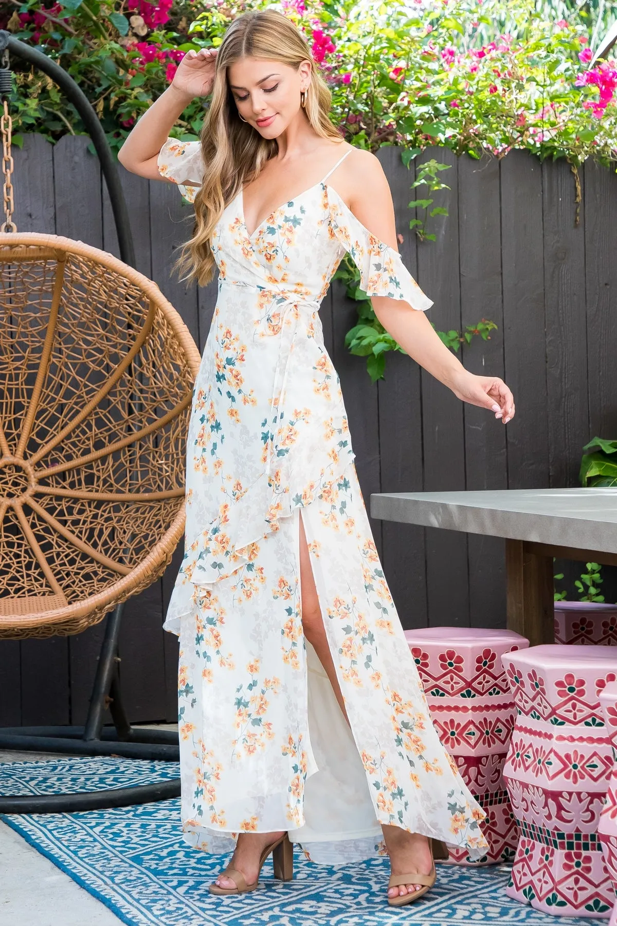 CREAM YELLOW RUFFLE DETAIL FLORAL MAXI DRESS