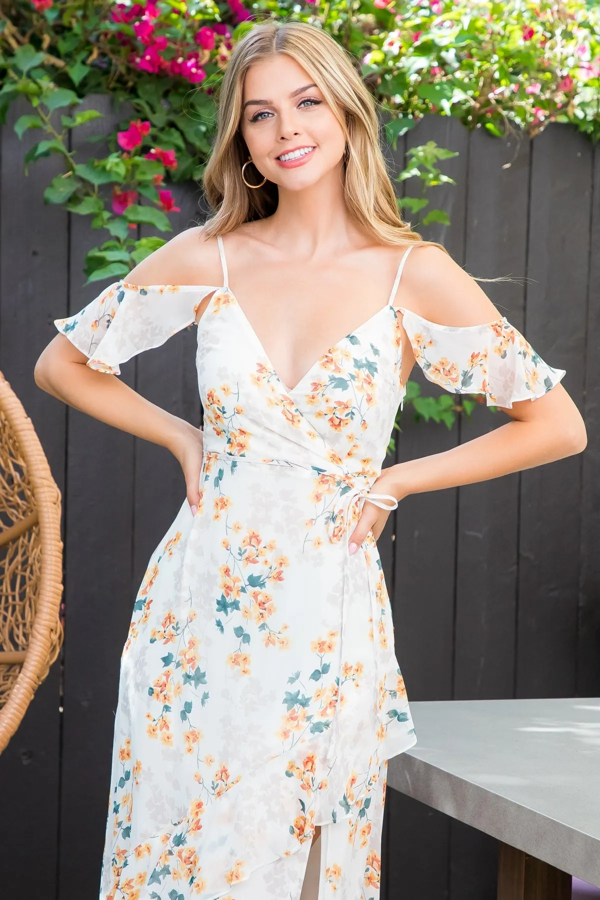CREAM YELLOW RUFFLE DETAIL FLORAL MAXI DRESS