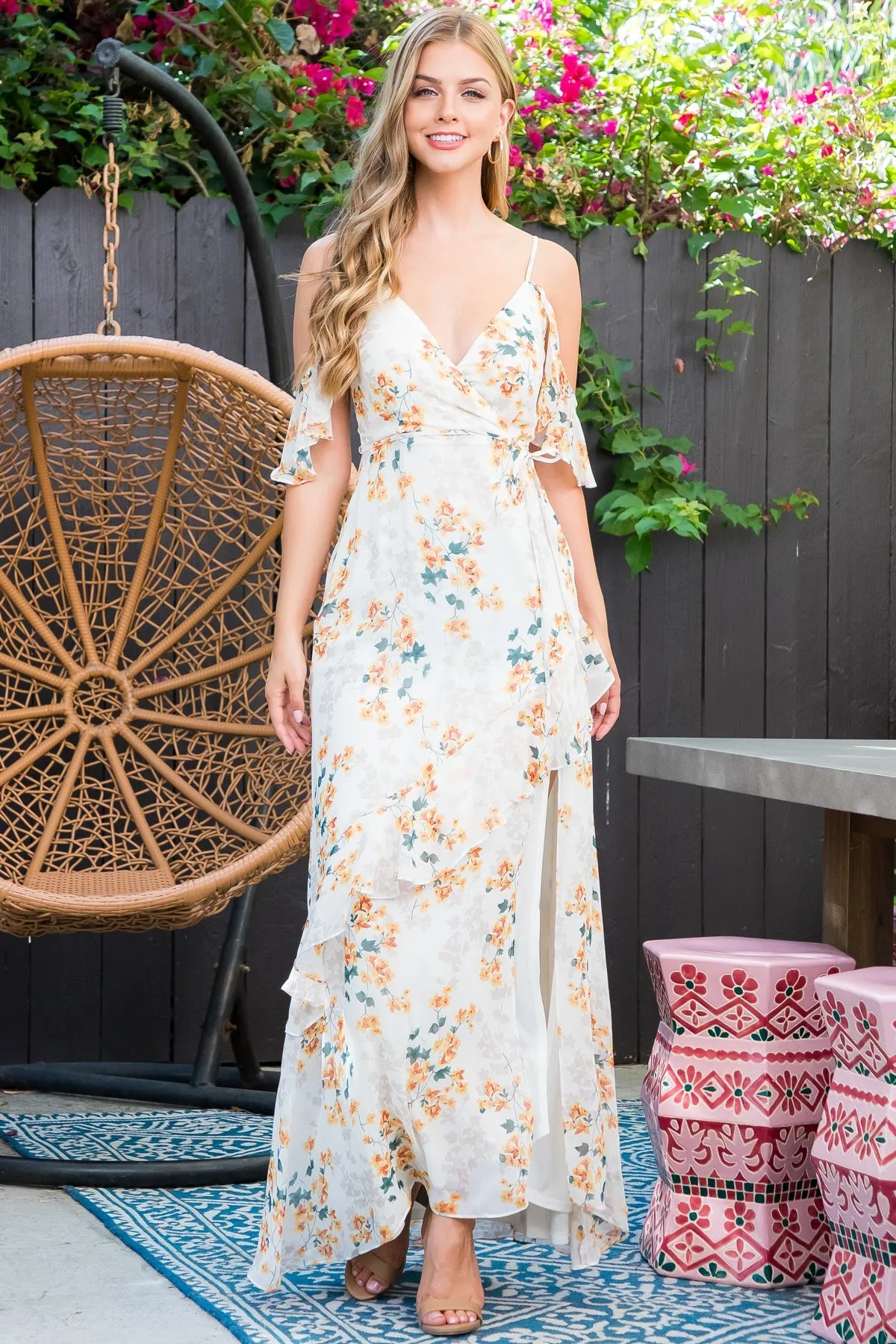 CREAM YELLOW RUFFLE DETAIL FLORAL MAXI DRESS