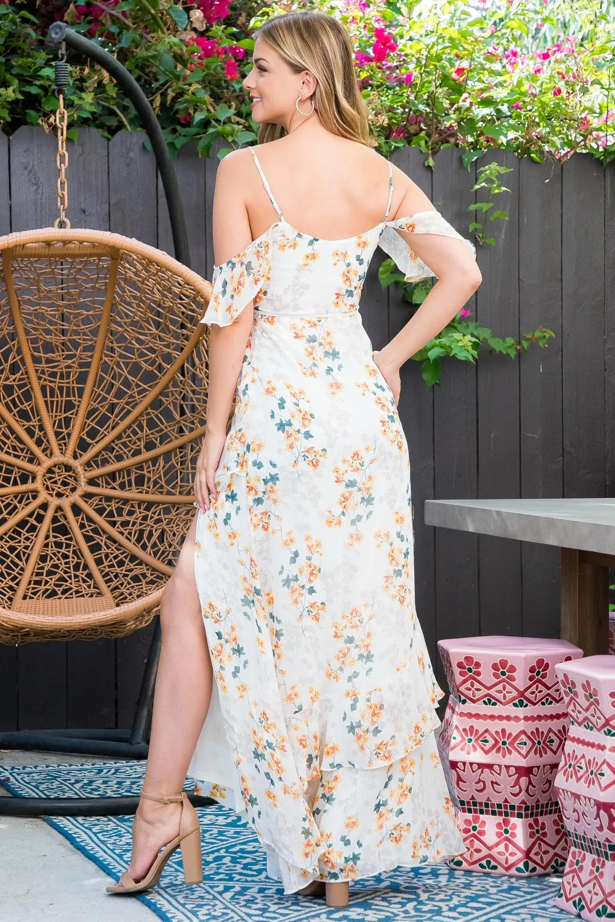 CREAM YELLOW RUFFLE DETAIL FLORAL MAXI DRESS