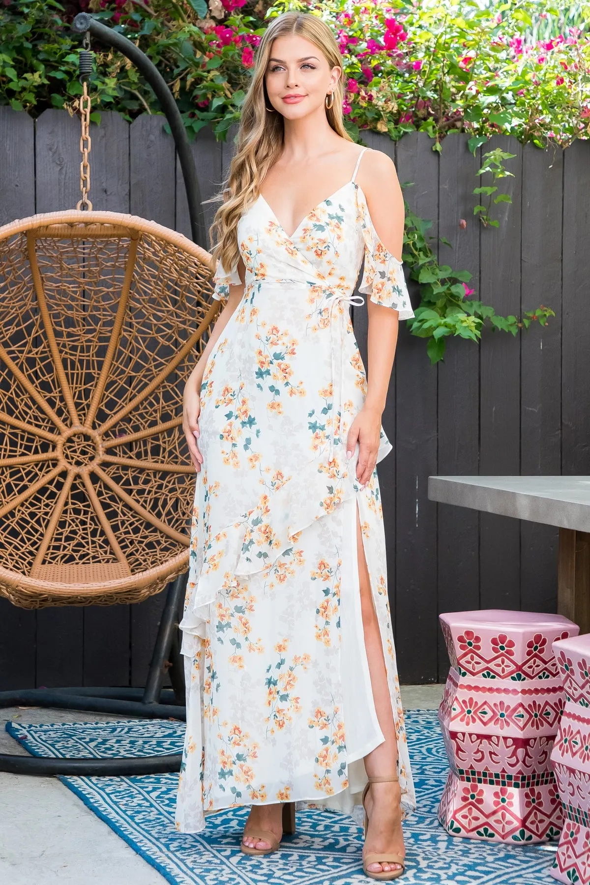 CREAM YELLOW RUFFLE DETAIL FLORAL MAXI DRESS