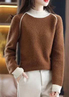 Elegant Brown Turtleneck Cozy Patchwork Wool Knit Sweaters QI042