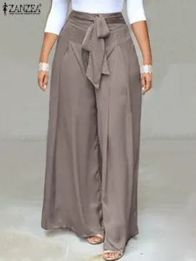 Elegant High Waist Solid Work Trousers ZANZEA Fashion Summer Women Loose Wide Leg Pants Palazzo Oversized Bow Tie Long Pantalon
