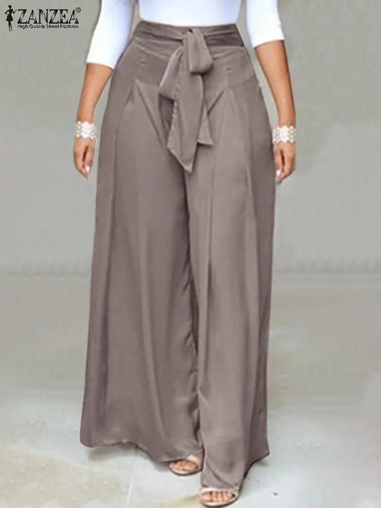 Elegant High Waist Solid Work Trousers ZANZEA Fashion Summer Women Loose Wide Leg Pants Palazzo Oversized Bow Tie Long Pantalon