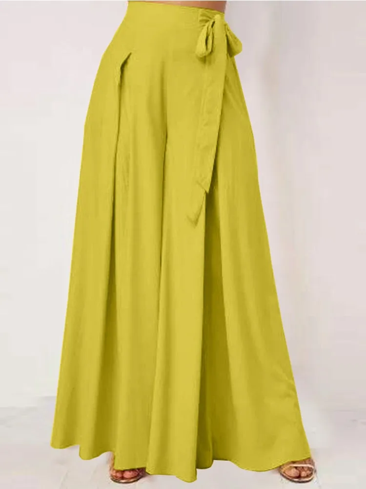 Elegant High Waist Solid Work Trousers ZANZEA Fashion Summer Women Loose Wide Leg Pants Palazzo Oversized Bow Tie Long Pantalon