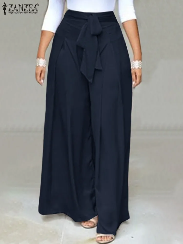 Elegant High Waist Solid Work Trousers ZANZEA Fashion Summer Women Loose Wide Leg Pants Palazzo Oversized Bow Tie Long Pantalon