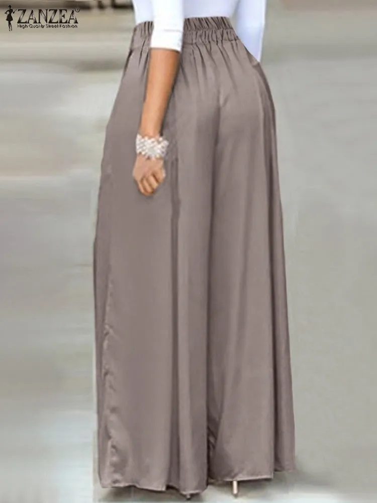 Elegant High Waist Solid Work Trousers ZANZEA Fashion Summer Women Loose Wide Leg Pants Palazzo Oversized Bow Tie Long Pantalon