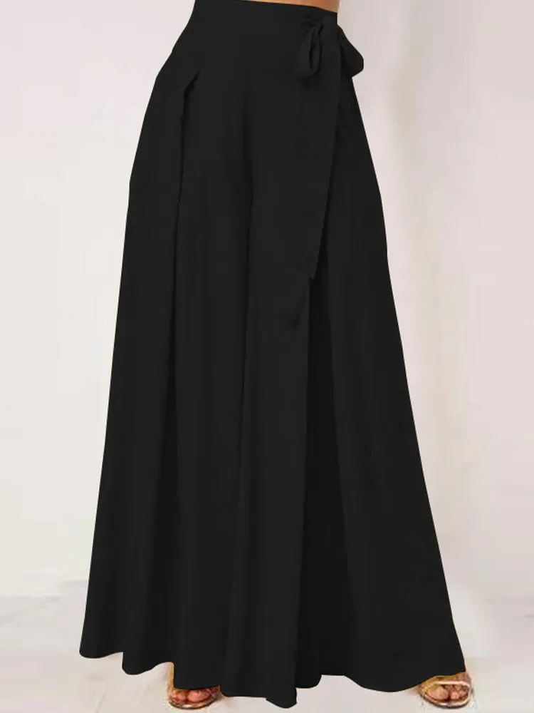 Elegant High Waist Solid Work Trousers ZANZEA Fashion Summer Women Loose Wide Leg Pants Palazzo Oversized Bow Tie Long Pantalon