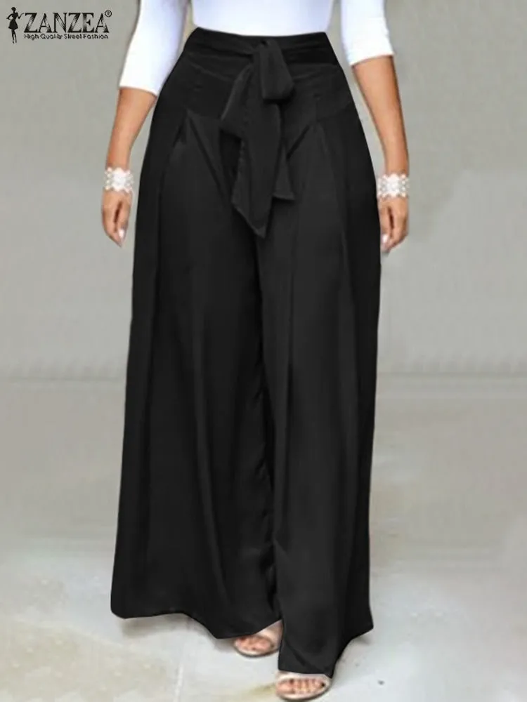 Elegant High Waist Solid Work Trousers ZANZEA Fashion Summer Women Loose Wide Leg Pants Palazzo Oversized Bow Tie Long Pantalon