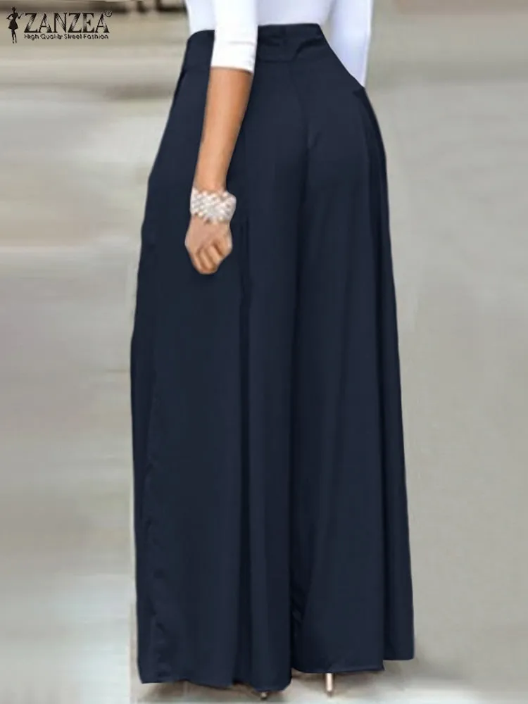 Elegant High Waist Solid Work Trousers ZANZEA Fashion Summer Women Loose Wide Leg Pants Palazzo Oversized Bow Tie Long Pantalon