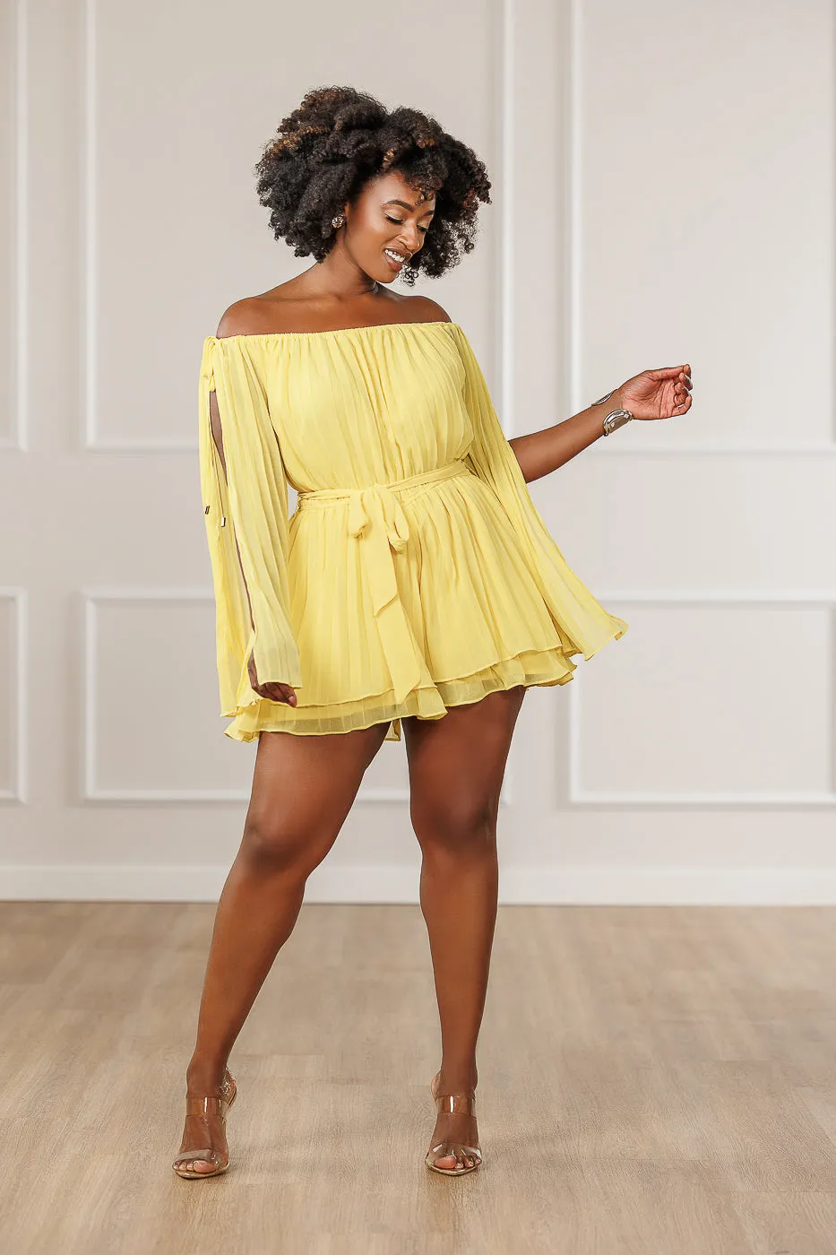FINAL SALE - Asia Layered Slit Sleeve Romper - Yellow