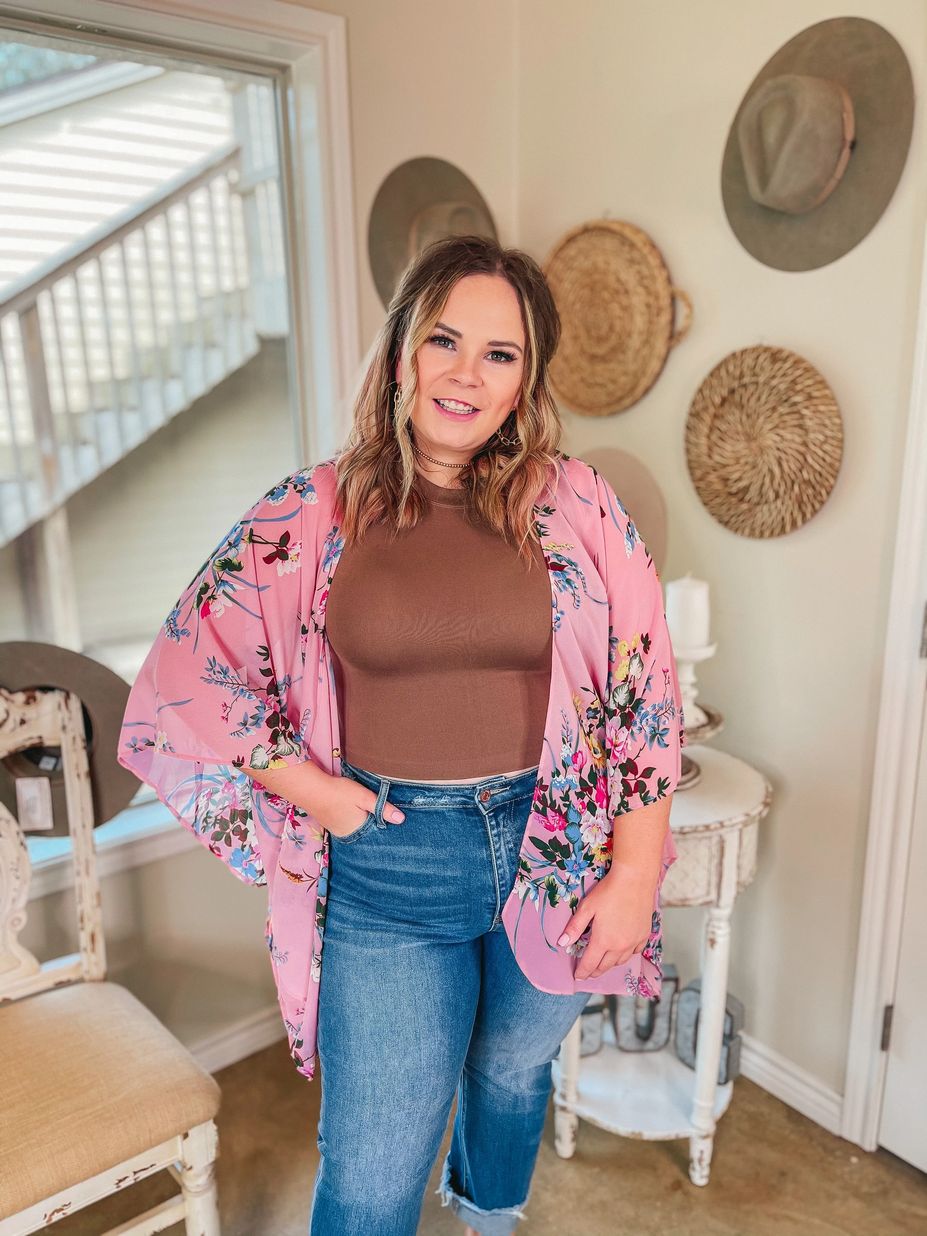 Garden Kisses Open Front Floral Kimono in Light Pink