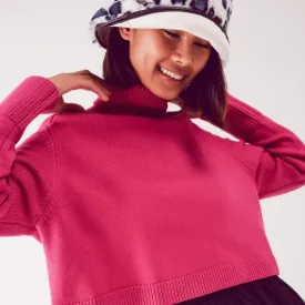 High Neck Cropped Jumper in Fuchsia