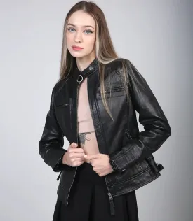 Johnson Women Black Cafe Racer Leather Jacket