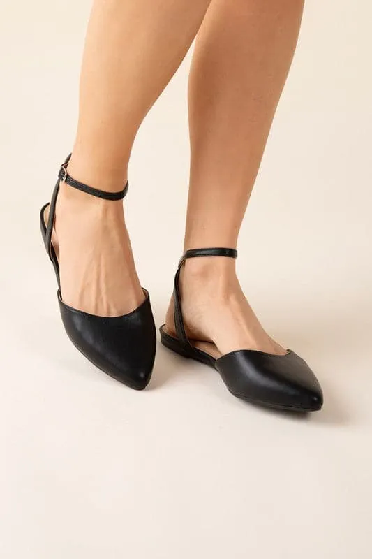 Lindsay Pointed Toe Ankle Strap Flats - Black or White
