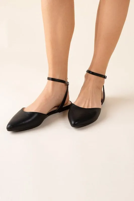 Lindsay Pointed Toe Ankle Strap Flats - Black or White