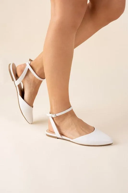 Lindsay Pointed Toe Ankle Strap Flats - Black or White