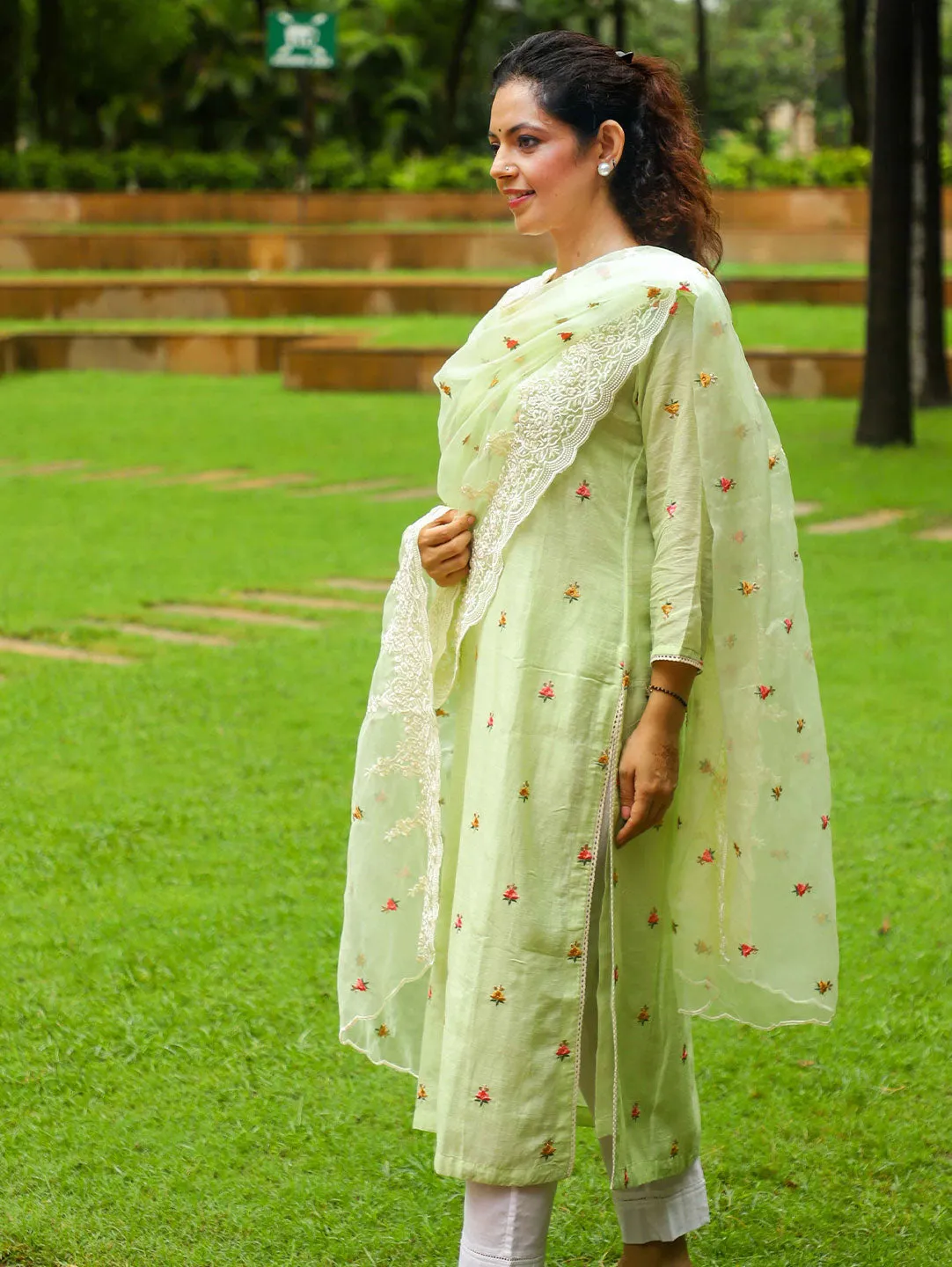 Linen Embroidery With Organza Duapatta Green