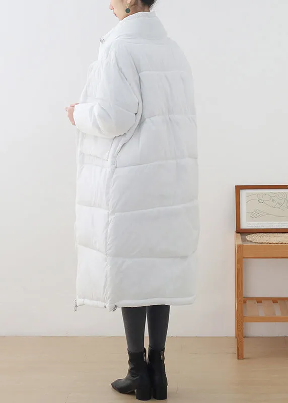 Loose White Stand Collar Zippered Pockets Cotton Parka Long sleeve