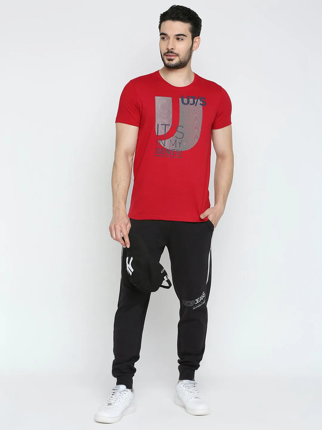 Men Premium Cotton Navy Trackpant - Underjeans By Spykar
