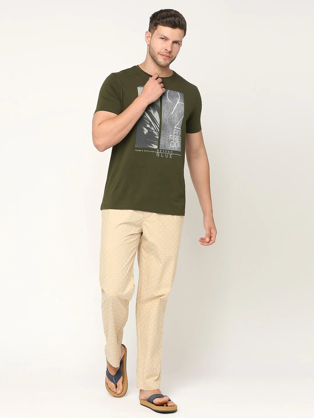 Men Premium Cotton Printed Beige Pyjama- Underjeans By Spykar