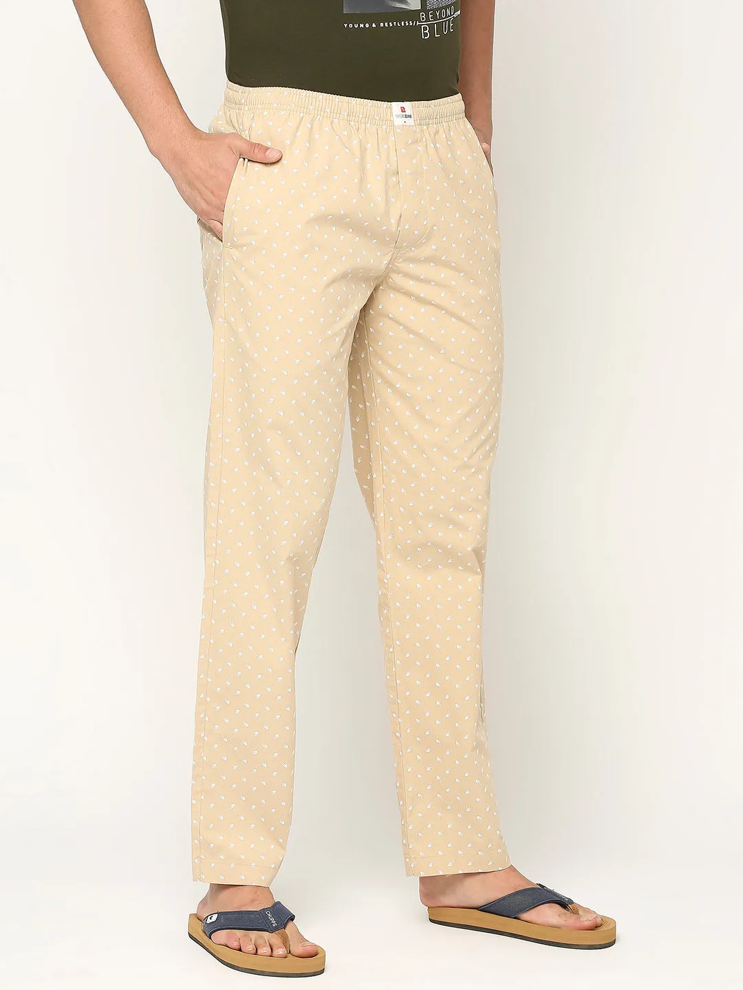 Men Premium Cotton Printed Beige Pyjama- Underjeans By Spykar