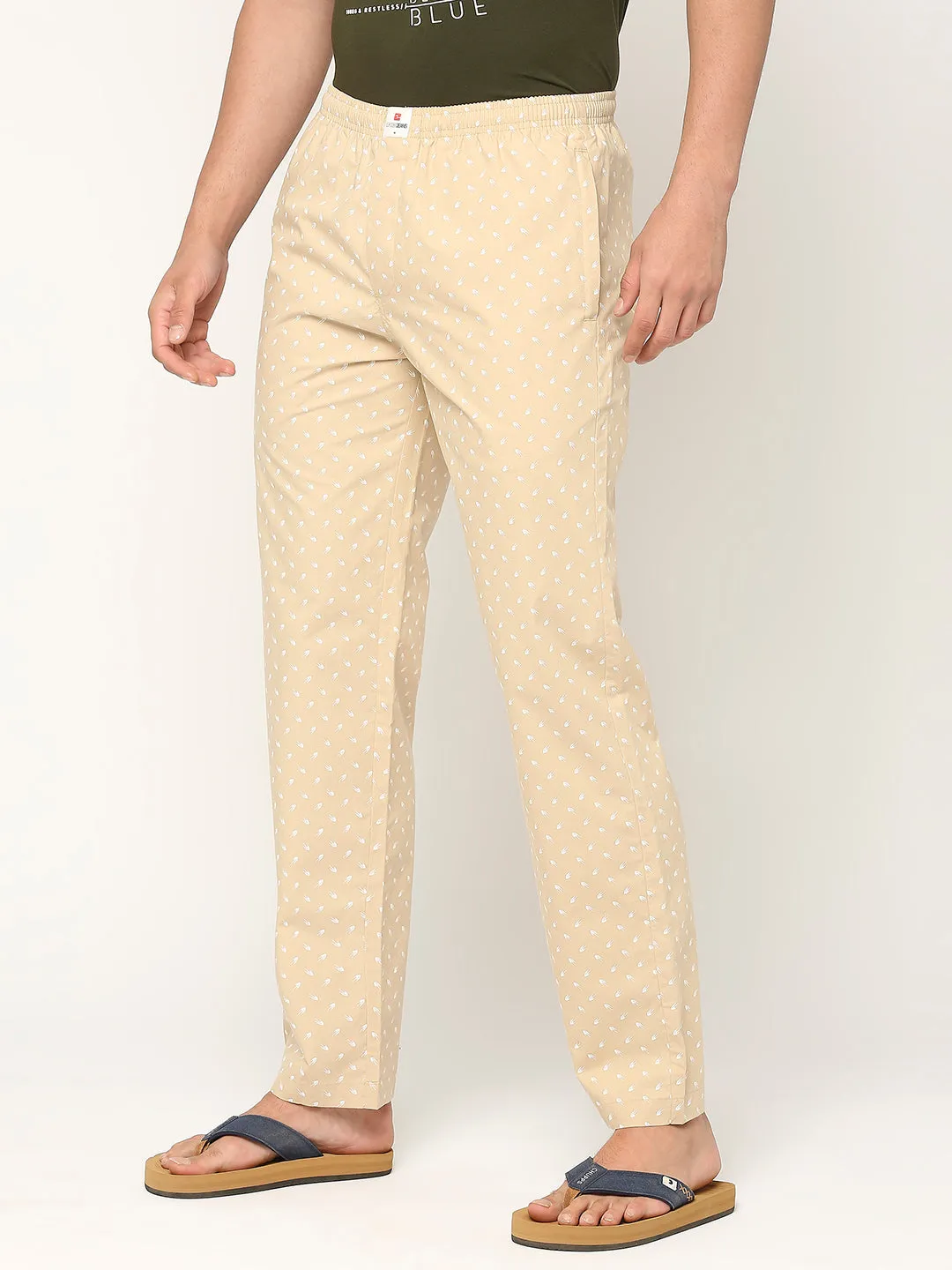 Men Premium Cotton Printed Beige Pyjama- Underjeans By Spykar