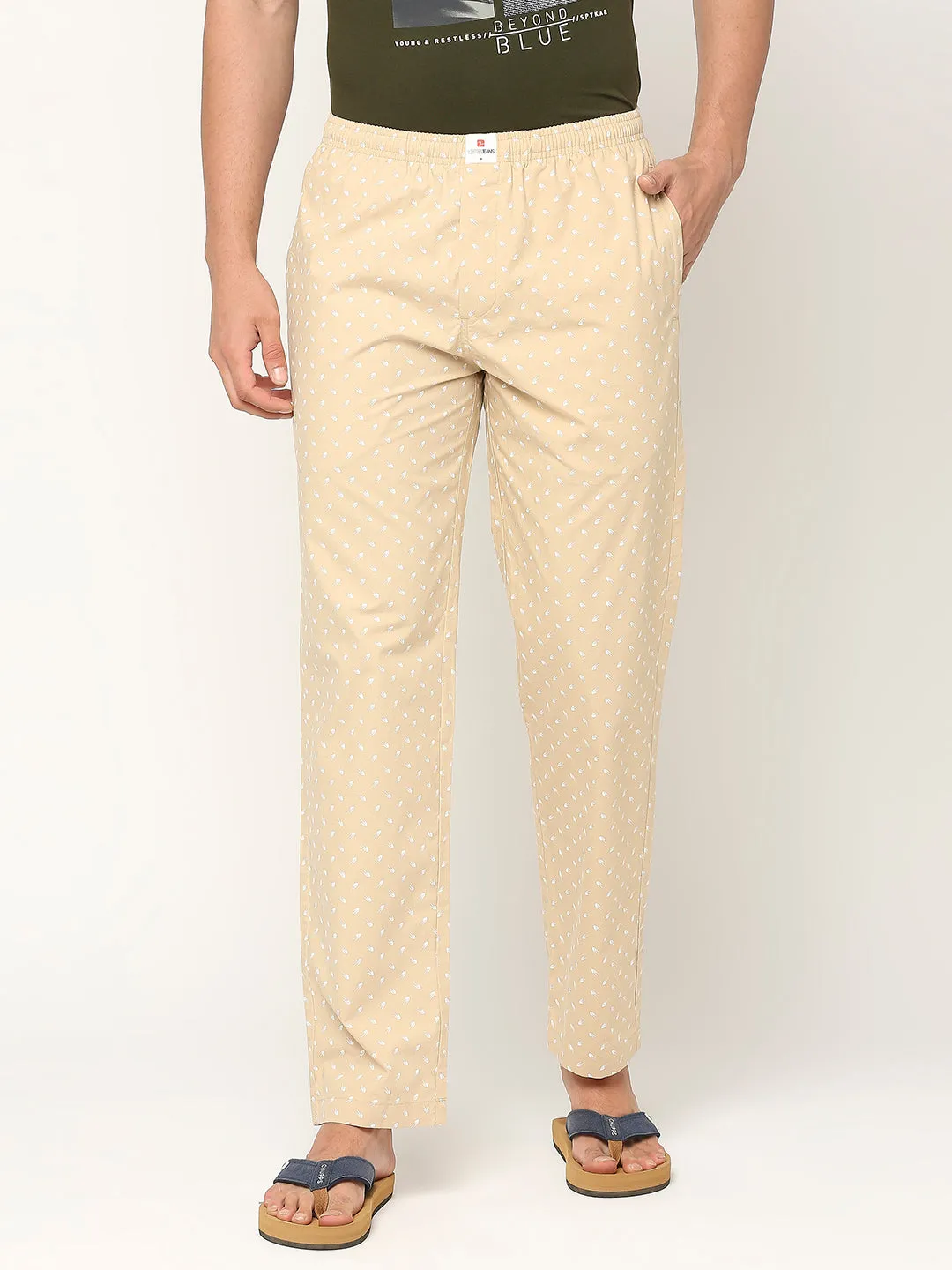 Men Premium Cotton Printed Beige Pyjama- Underjeans By Spykar