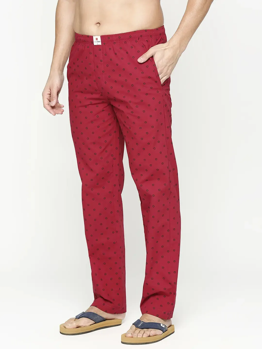 Men Premium Cotton Printed Maroon Pyjama- Underjeans By Spykar
