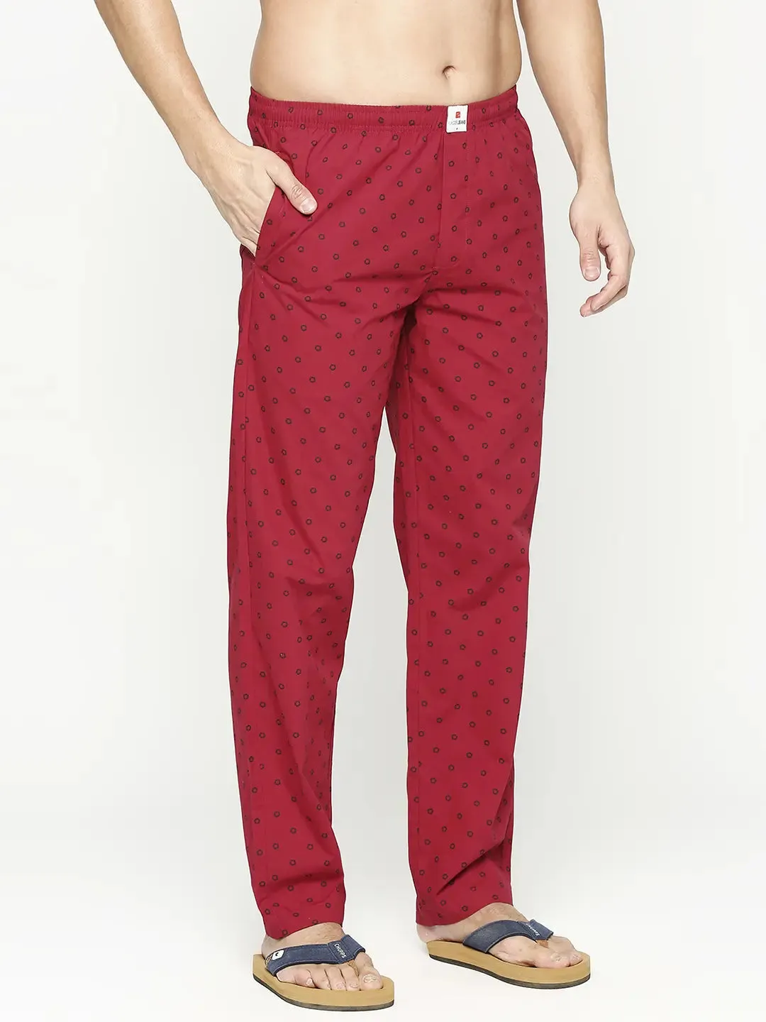 Men Premium Cotton Printed Maroon Pyjama- Underjeans By Spykar